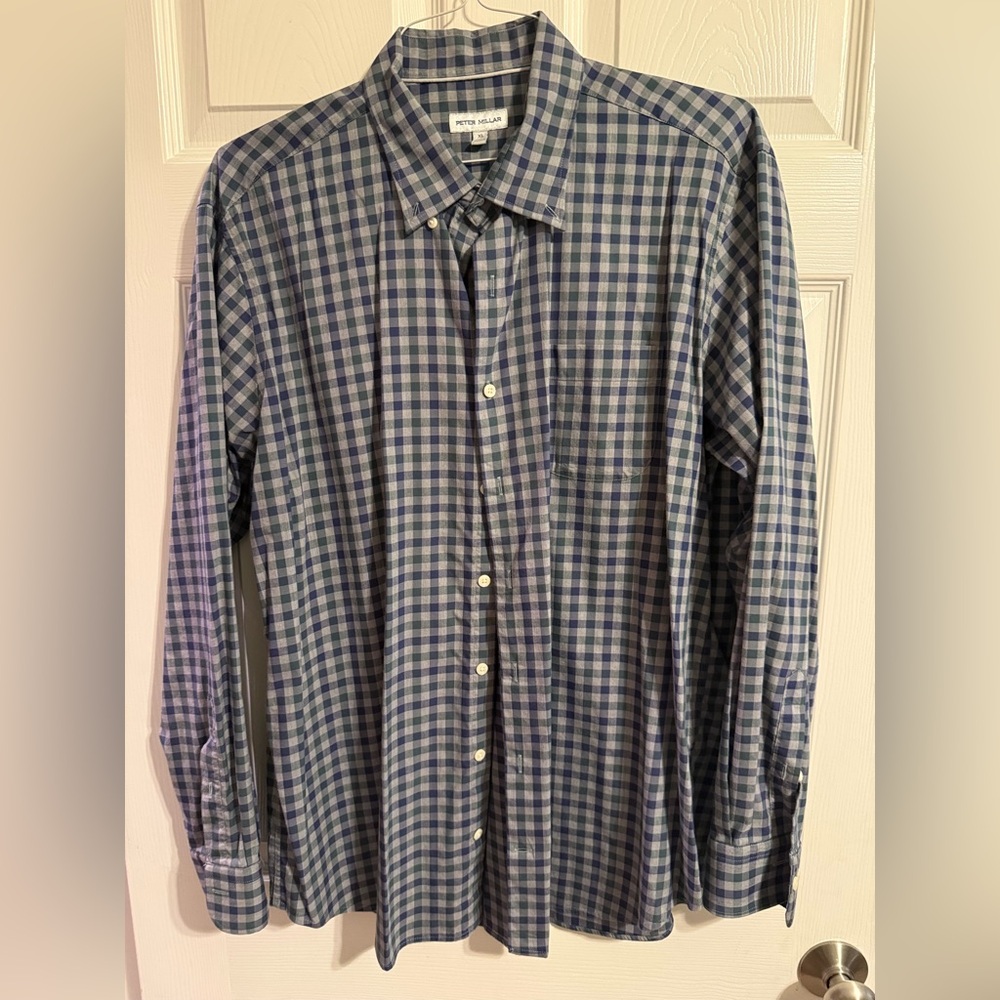 Peter Millar Soft Button-Down Shirt, Gray/Blue/Green, XL, EUC